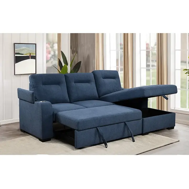 Nuevo diseño, sofás cama ahorradores de espacio, Material de tela en forma de L, muebles funcionales para sala de estar, sofá cama azul de lino