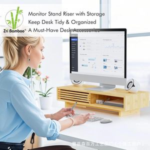 Wooden Computer Riser <b>Stand</b> With Storage Organizer For Laptops <b>Desktop</b> Use Natural Wood Color 2 Tier Design - Product Image 4