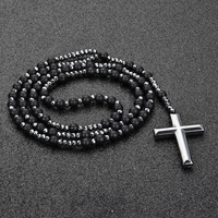 Collier en pierre naturelle œil de tigre et hématite noire de 6 mm avec pendentif croix pour homme, bijoux religieux, vente en gros