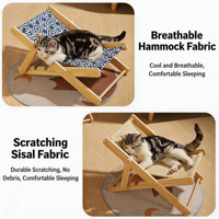 Lit pliant réglable pour chat, structure d'escalade universelle quatre saisons, résistant aux griffures, chaise de plage en bois massif avec griffoir en sisal pour chat