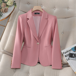 Pink Women's Blazer Solid Color Polyester Anti-Wrinkle Slim Fit Spring Autumn Casual Top - Product Image 1