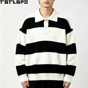 Pull Polo Rayé Personnalisé Tricoté Épais à Manches Longues Style Old Money Coupe Oversize Vente en Gros - Product Image 1