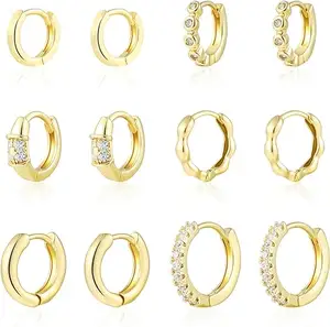 Set anting-anting cincin emas kecil, 6 pasang 14K berlapis emas hipoalergenik ringan tulang rawan emas anting-anting zirkonia kubik