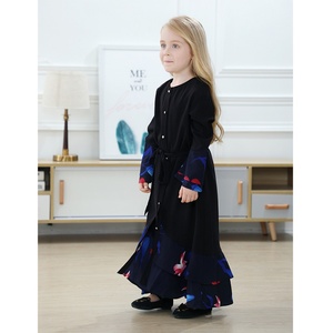 63740# Black Nida Floral Print Little Girl Dress Muslim Girls Abaya Clothing Kids Boutique Dresses - Product Image 3