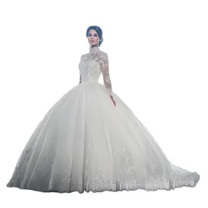 Vestido de novia de talla grande con cola de manga larga, vestidos de novia, vestidos de boda para mujer, vestido de novia musulmán elegante