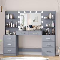 Table de maquillage Miroir Lumineux Power Strip Grand Tiroir Ouvert Commode de Rangement 3 Modes Lumineux Réglable Coiffeuse Gris