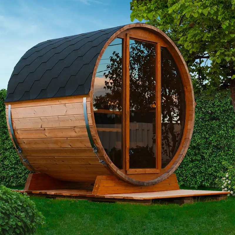 Sauna de barril de cedro rojo de madera panorámica marrón de madera al aire libre