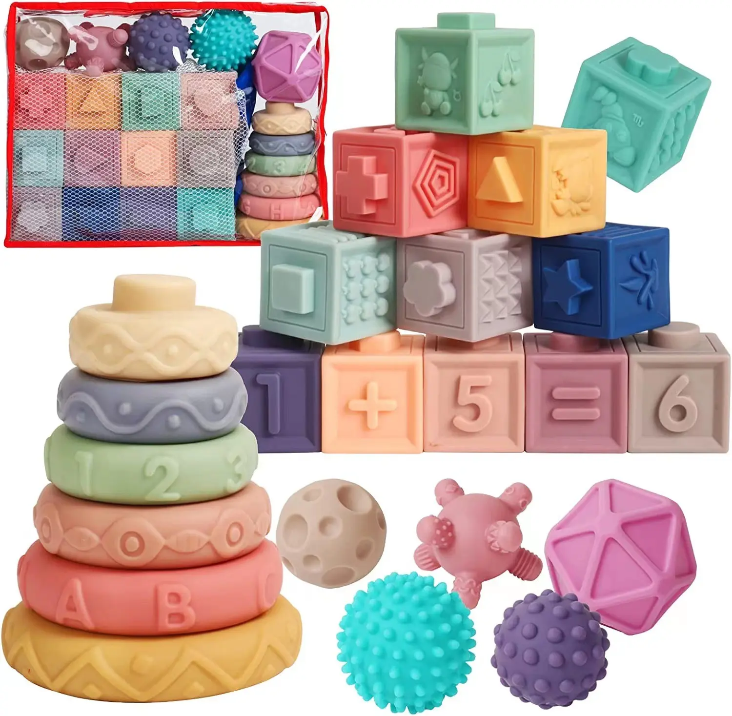 Recién llegado, juguetes de dentición de silicona suave para bebés, bloques de construcción apilables para bebés de 0 a 6 meses, juguetes educativos de desarrollo sensorial