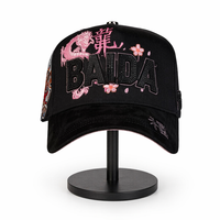 Gorra de Béisbol Unisex Negra Lavada de Sarga con Parche 3D de Diamantes de Imitación LA, Dragón Chino Rosa y Bordado de Flor de Sakura, Estilo Hip Hop Oriental
