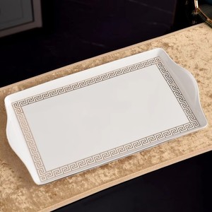 Elegant White Ceramic Rectangular <b>Serving</b> <b>Tray</b> with <b>Gold</b> Floral Edge for Wedding Party Decor - Product Image 4