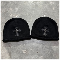 Bonnet unisexe en tricot bouclé avec nœuds jacquard à pois, étiquette en cuir croisé, bouton, chaud, en coton et élasthanne, pour l'automne et l'hiver, idéal pour l'extérieur