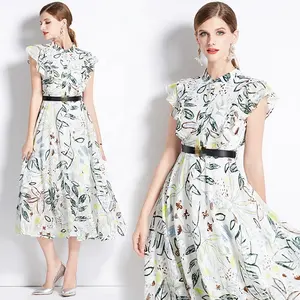 Gaun sifon modis elegan musim panas yang elegan dan modis dengan bungkus pinggang lengan daun teratai yang dicetak mode baru