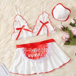 Lencería sexy de exportación europea y americana, conjunto rojo de tres piezas con encaje, estilo uniforme de sirvienta. - Product Image 1
