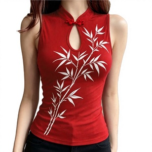 Nuevo Estilo 2026: Blusas sin Mangas Rojas con Estampado para Mujer, Cuello Mandarín Retro, Escote con Abertura, Ajuste Delgado, Tejido de Punto con Botones Delanteros - Product Image 4