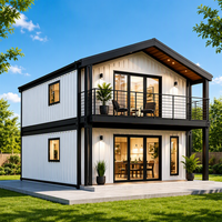 Rumah Kontainer Prefab Dua Lantai dengan Dapur Modern, Balkon, Atap Miring, Jendela dari Lantai ke Langit-langit, dan Ruang Kerja