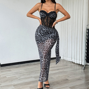 BEIJO ME ANJO Sexy Mulheres Lingerie Babydoll Leopard Print Lace Profundo Decote Em V Hollow Out Perspective Sem Mangas Maxi Vestido De Festa - Product Image 5