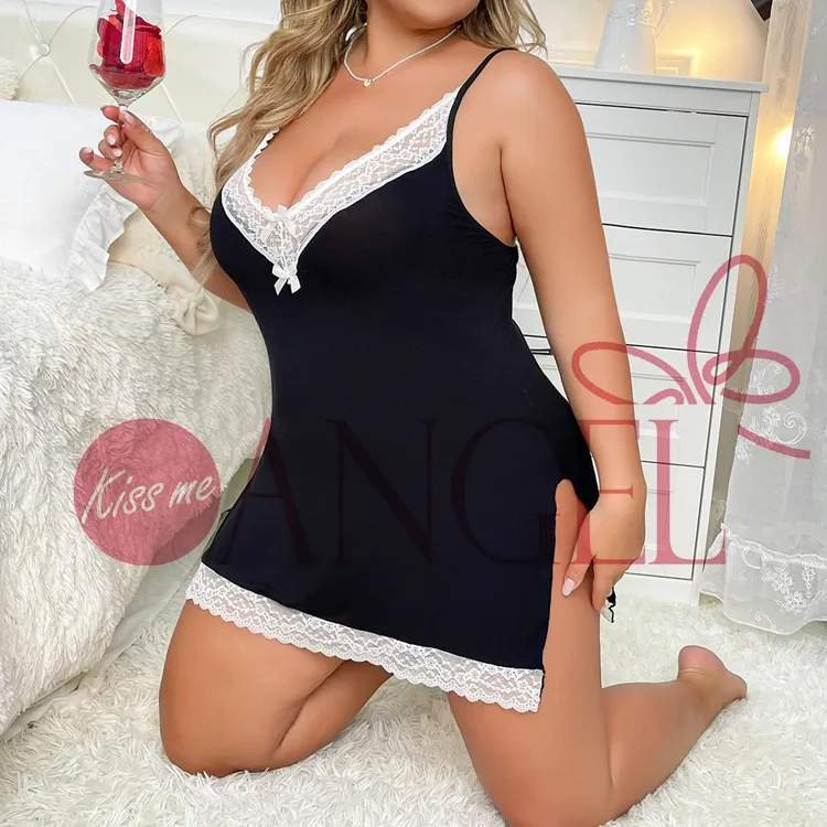 Artı boyutu şişman kadın seksi babydoll öpücük bana melek 1XL 2XL 3XL 4XL dantel derin V boyun perspektif seksi iç çamaşırı