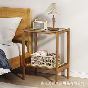 <b>Glass</b> Top Bamboo <b>Side</b> <b>Table</b> With Storage Shelf For Bedroom Nightstand Durable Natural Brown - Product Image 3
