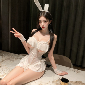 Ensemble uniforme de fille lapin mignon avec dentelle, combinaison à entrejambe ouvert, costume sexy pour femme, robes fantaisie, couleur unie, polyester fin - Product Image 3