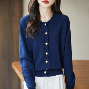 Cárdigan de punto con cuello para mujer Jinglingyun, manga larga, ajuste holgado, color liso, algodón puro, ropa de abrigo para primavera y otoño, anti-bolitas - Product Image 3