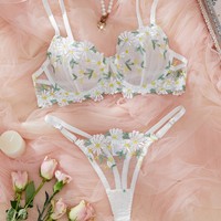 0132 français dentelle petite broderie florale fraîche froncée soutien-gorge Sexy Perspective tentation pur désir Lingerie ensemble pour les femmes