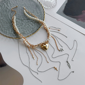 Cadena larga exagerada Cruz/estrella/plumas colgantes borlas corazón Collar para mujer moda señoras imitación perla gargantilla joyería - Product Image 2