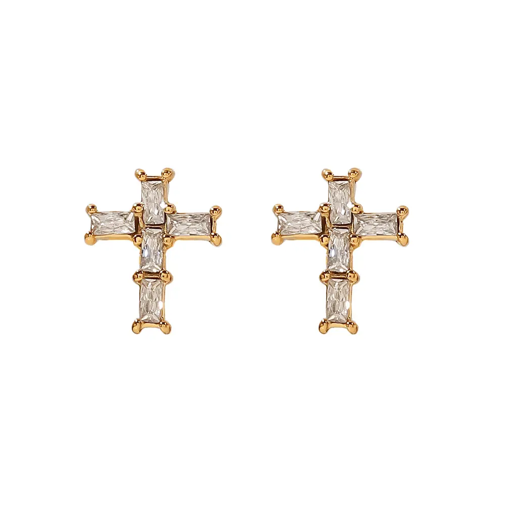 Stainless Steel Cross Shape Inlaid White Zircon Stud Earrings Jewelry Gift 18K Gold Plated Earrings