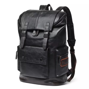 Men's PU Leather <b>Backpack</b> <b>Large</b> Capacity 15.6 Inch Laptop Bag For Travel And School Black Solid Color - Product Image 1