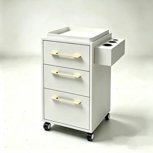 Meuble de rangement mobile pour salon, chariot à outils de coiffure à 3 tiroirs, plateau supérieur résistant à la chaleur, support pour sèche-cheveux, 4 roues, en bois, pour la beauté - Product Image 6