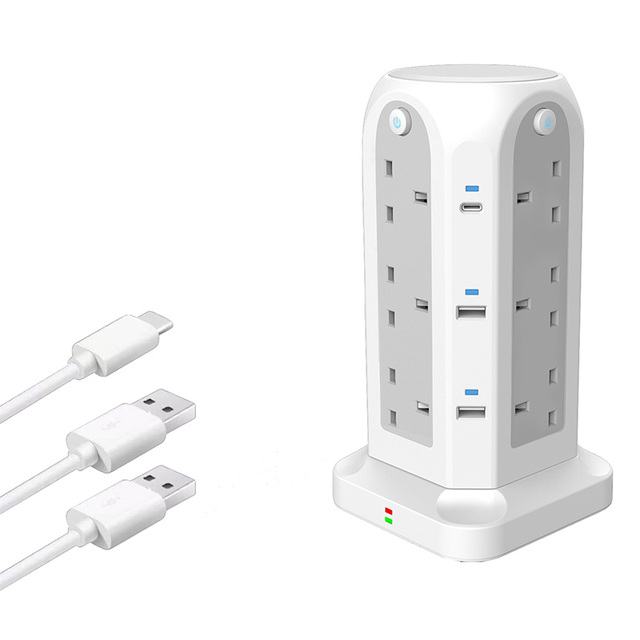 12 Ports Power Strip Tower 4USB Surge Protector EU US UK Desk Electrical Outlet