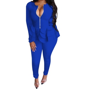 Solid Color Stiff Ruffle Long Sleeve Zipper <b>Top</b> Long Pants Women's Casual 2 Piece Set Fashion - Product Image 3