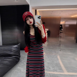 Women Two Piece Set Red Knitted Cardigan Striped Slip Dress Casual Style Full Sleeve Color Blocking Pattern Printing - Product Image 2