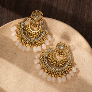 Bijoux ethniques pour femmes Boho Bohemia Jhumka Chandbali Indian PINK Dangling Tassel Pearl Stud Earrings For Women - Product Image 1