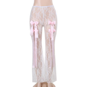 See Through Bow Lace Trousers Pantalon droit pour les leggings d'été pour femmes - Product Image 2