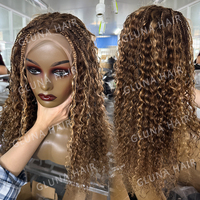 Couleur piano sans colle # Perruque Cheveux Humains Bouclés Crépus P4/27, Densité 200%, Perruque Frontale en Dentelle HD Transparente 13x4, Perruque Humaine Bouclée avec Mèches