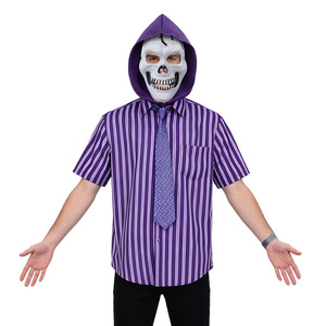 Disfraz de Halloween de Rey Calavera Cósmico con Camisa Morada a Rayas, Máscara de Terror para Adultos y Conjunto de Corbata con Capucha - Product Image 1