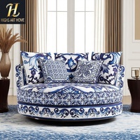 Canapé pivotant rond de luxe moderne en tissu à motifs de porcelaine bleue et blanche de qualité supérieure pour villas ou hôtels