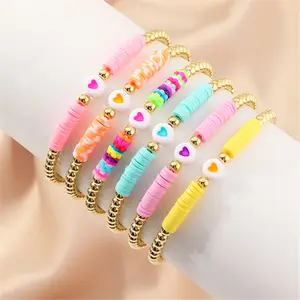 Heishi Bracelet Set Surfer Stretch Bracelet Handmade Rainbow Polymer Elastic Rope Boho Beaded Bracelet for Women Girls