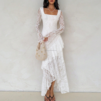 Robe longue de soirée asymétrique blanche sur mesure OEM, élégante, à col carré, manches longues évasées et volants, pour mariage et fête