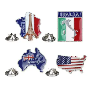 Custom France America Australia Italy Map Flag Enamel Pin Metal Badge Lapel Brooch Pins Tourist Souvenir Promotional Gift