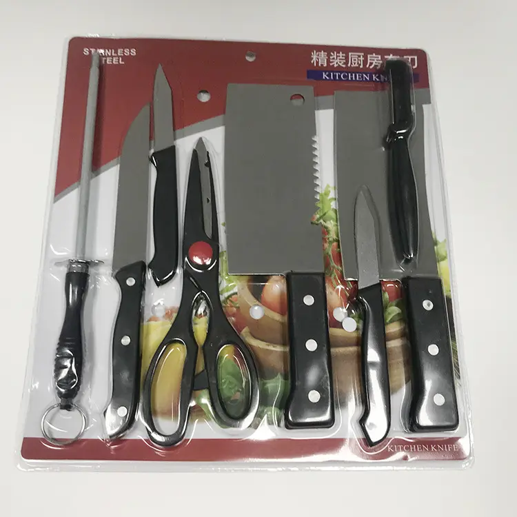 8 pcs Set Knives Kitchen PP Handle Blister Packing Stainless Steel Knife Set With Cleaver Sharpening Stick and Scissors