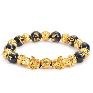 2023 gioielli in oro di vendita caldi Feng Shui intagliato a mano Mantra Beads Pi Xiu Six Word Golden Lucky amuleto braccialetti di cristallo di ossidiana - Product Image 3