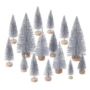 Ornamen Natal Desain Baru DIY Pohon Pinus Kecil Perak Buatan Pohon Natal Mini Glitter