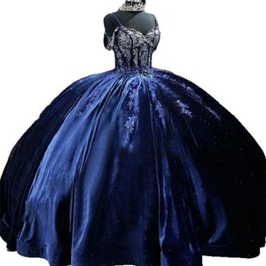 Navy Blue Velvet Ball Gown Sweetheart Neckline Empire Waistline Princess Style Evening Dress For Quinceanera Or Performance - Product Image 3