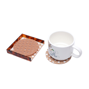 Ensemble de sous-verres créatifs rétro en acrylique imprimé rotin, épaisseur 3 mm, protection de table avec support assorti pour la décoration intérieure et les coffrets cadeaux - Product Image 5