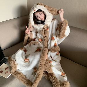 Conjuntos de Pijamas de Franela para Mujer, Pijamas de Invierno con Capucha, Lindos Dibujos Animados, Manga Larga, Holgados, Camisón Grueso - Product Image 3