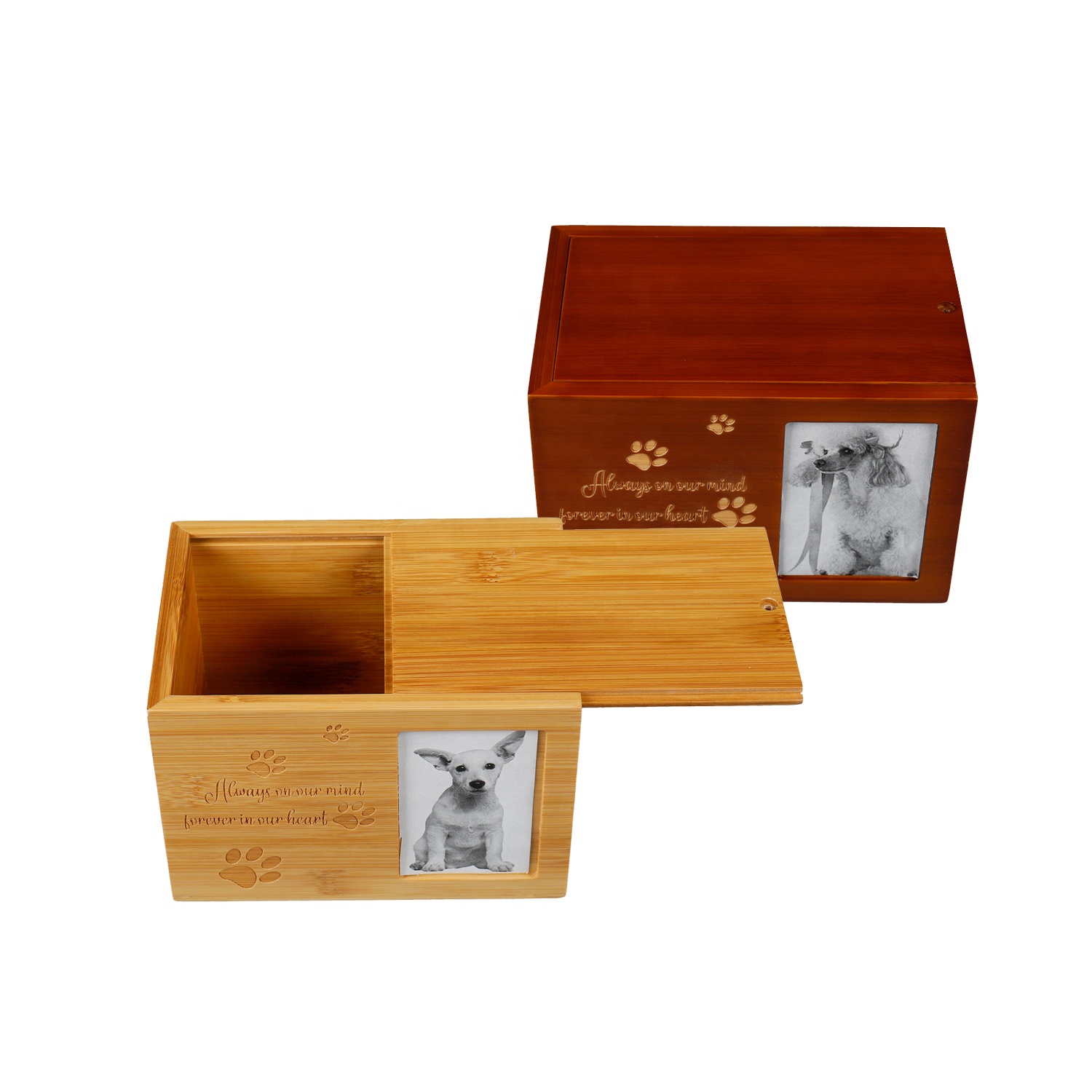 Маленькая и изысканная лазерная гравировка с открытым верхом, маленькая бамбуковая урна для кремации домашних животных