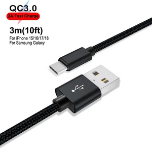 Cable <span class=keywords><strong>de</strong></span> Carga Rápida USB-A a USB <span class=keywords><strong>Tipo</strong></span> C <span class=keywords><strong>de</strong></span> Nailon Trenzado <span class=keywords><strong>de</strong></span> 3m/10FT QC3.0 2A para <span class=keywords><strong>iPhone</strong></span> 18/17/16/15 y Android - Product Image 1