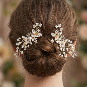 HS-J7526 Lot de 2 pinces à cheveux dorées pour mariée avec strass et perles, accessoires de <span class=keywords><strong>coiffure</strong></span> en forme de fleur et de feuille pour mariées, bal de promo - Product Image 1