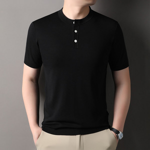 T-shirt en maille peignée de qualité tendance pour homme, col Henley, manches courtes, léger, <span class=keywords><strong>printemps</strong></span>-été, en Lyocell - Product Image 3